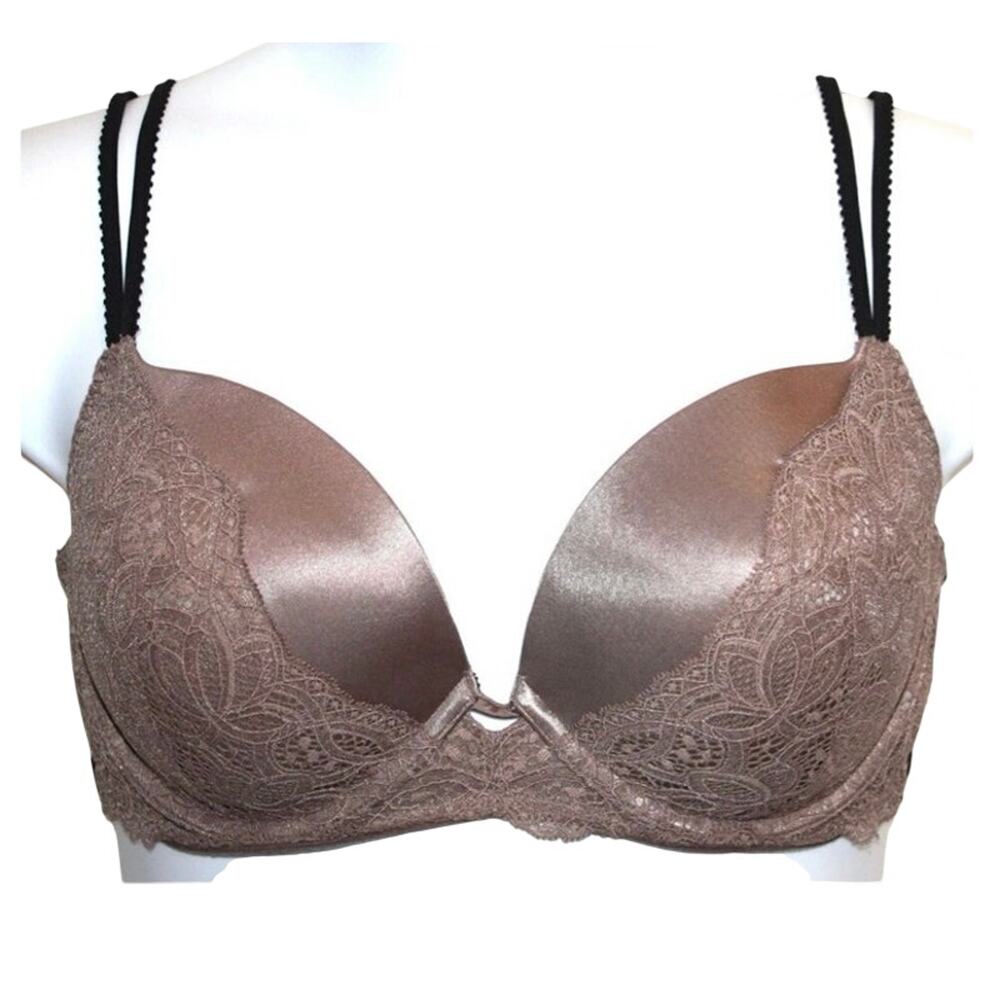Victorias Secret 32B Brown tan Black Lace Strappy Cage Very Sexy Push Up UW Bra